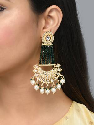 Gold plated Green Glossy Stones Jhoomar style Chandbali Earrings Brass 3