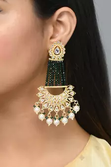 Gold plated Green Glossy Stones Jhoomar style Chandbali Earrings Brass