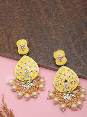 Gold Plated Pastel Yellow Meenakari with Beads Drop Earrings Brass 3