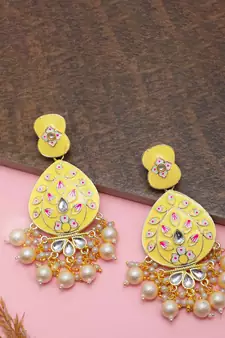Gold Plated Pastel Yellow Meenakari with Beads Drop Earrings Brass
