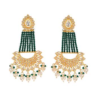 Gold plated Green Glossy Stones Jhoomar style Chandbali Earrings Brass 4