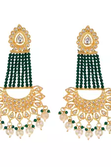 Gold plated Green Glossy Stones Jhoomar style Chandbali Earrings Brass