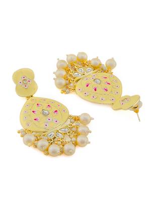 Gold Plated Pastel Yellow Meenakari with Beads Drop Earrings Brass 4