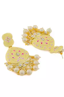 Gold Plated Pastel Yellow Meenakari with Beads Drop Earrings Brass