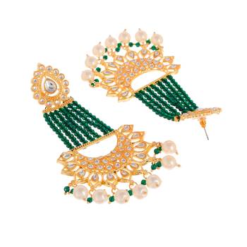 Gold plated Green Glossy Stones Jhoomar style Chandbali Earrings Brass 5