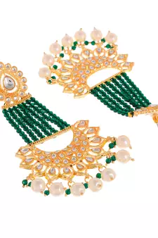 Gold plated Green Glossy Stones Jhoomar style Chandbali Earrings Brass