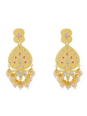 Gold Plated Pastel Yellow Meenakari with Beads Drop Earrings Brass 5