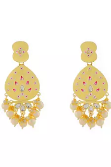Gold Plated Pastel Yellow Meenakari with Beads Drop Earrings Brass