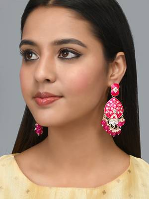 Gold Plated Pastel Dark Pink Meenakari with Beads Drop Earrings Brass 1