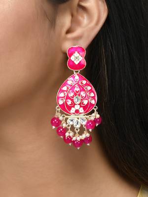 Gold Plated Pastel Dark Pink Meenakari with Beads Drop Earrings Brass 2