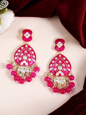 Gold Plated Pastel Dark Pink Meenakari with Beads Drop Earrings Brass 3