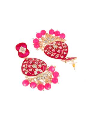 Gold Plated Pastel Dark Pink Meenakari with Beads Drop Earrings Brass 4
