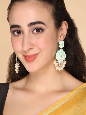 Gold Plated Pastel Mint Green Meenakari with Beads Drop Earrings Brass 1