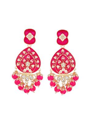 Gold Plated Pastel Dark Pink Meenakari with Beads Drop Earrings Brass 5