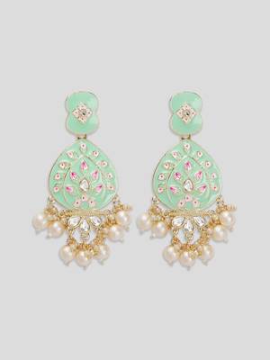 Gold Plated Pastel Mint Green Meenakari with Beads Drop Earrings Brass 2