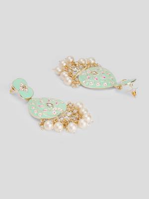 Gold Plated Pastel Mint Green Meenakari with Beads Drop Earrings Brass 3