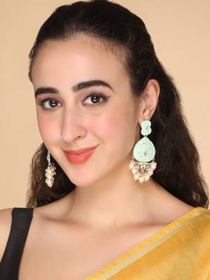 Gold Plated Pastel Mint Green Meenakari with Beads Drop Earrings Brass 4
