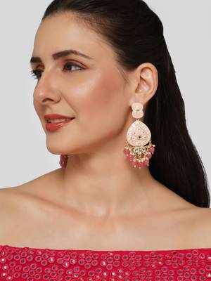 Gold Plated Pastel Pink Meenakari with Beads Drop Earrings Brass 1