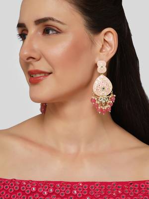 Gold Plated Pastel Pink Meenakari with Beads Drop Earrings Brass 2