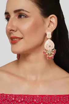Gold Plated Pastel Pink Meenakari with Beads Drop Earrings Brass