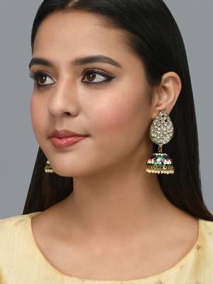 Gold-Plated Green Meenakari Teardrop Kundan Jhumkas Earrings 1