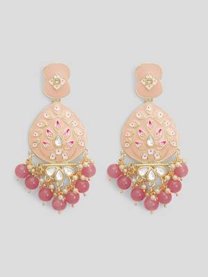 Gold Plated Pastel Pink Meenakari with Beads Drop Earrings Brass 3