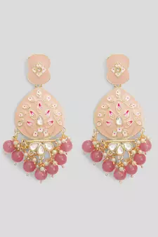 Gold Plated Pastel Pink Meenakari with Beads Drop Earrings Brass