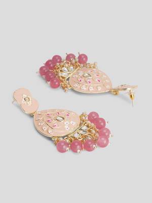 Gold Plated Pastel Pink Meenakari with Beads Drop Earrings Brass 4