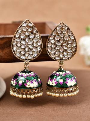Gold-Plated Green Meenakari Teardrop Kundan Jhumkas Earrings 2