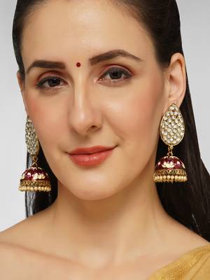 Gold Plated Teardrop shaped Kundan Jhumka Earrings Brass with Red Pink toned Meenakari 1
