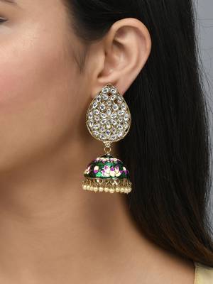 Gold-Plated Green Meenakari Teardrop Kundan Jhumkas Earrings 3