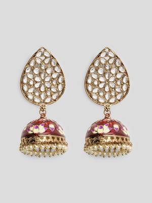 Gold Plated Teardrop shaped Kundan Jhumka Earrings Brass with Red Pink toned Meenakari 2