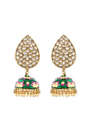 Gold-Plated Green Meenakari Teardrop Kundan Jhumkas Earrings 4