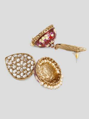 Gold Plated Teardrop shaped Kundan Jhumka Earrings Brass with Red Pink toned Meenakari 3