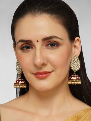 Gold Plated Teardrop shaped Kundan Jhumka Earrings Brass with Red Pink toned Meenakari 4