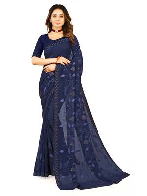 Navy blue embroidered georgette saree with blouse 1
