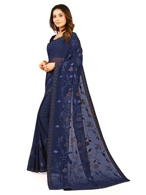 Navy blue embroidered georgette saree with blouse 2
