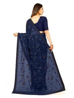 Navy blue embroidered georgette saree with blouse 3