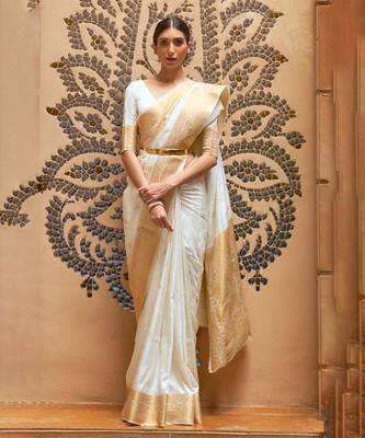 Off White Woven Traditional kanjivaram silk blend Saree with Blouse 2