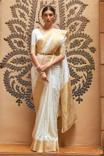 Off White Woven Traditional kanjivaram silk blend Saree with Blouse