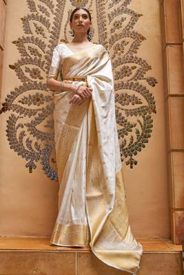 Off White Woven Traditional kanjivaram silk blend Saree with Blouse 1