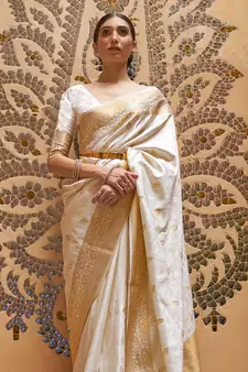 Off White Woven Traditional kanjivaram silk blend Saree with Blouse