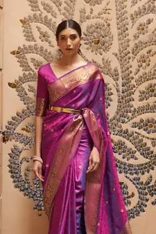 Purple Kalandi Silk bland golden border banarasi style saree with Blouse