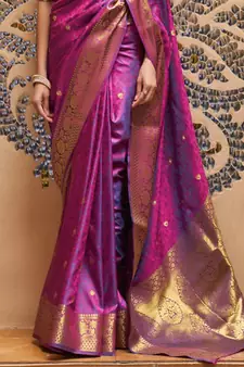 Purple Kalandi Silk bland golden border banarasi style saree with Blouse