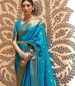 Firozi Kalandi Silk bland golden border banarasi style saree with Blouse