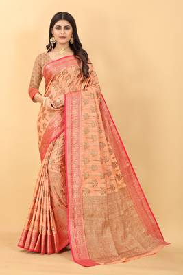 Poetry Orange Tissue Silk Zari woven Saree With Two Blouse 1
