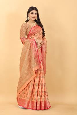 Poetry Orange Tissue Silk Zari woven Saree With Two Blouse 3