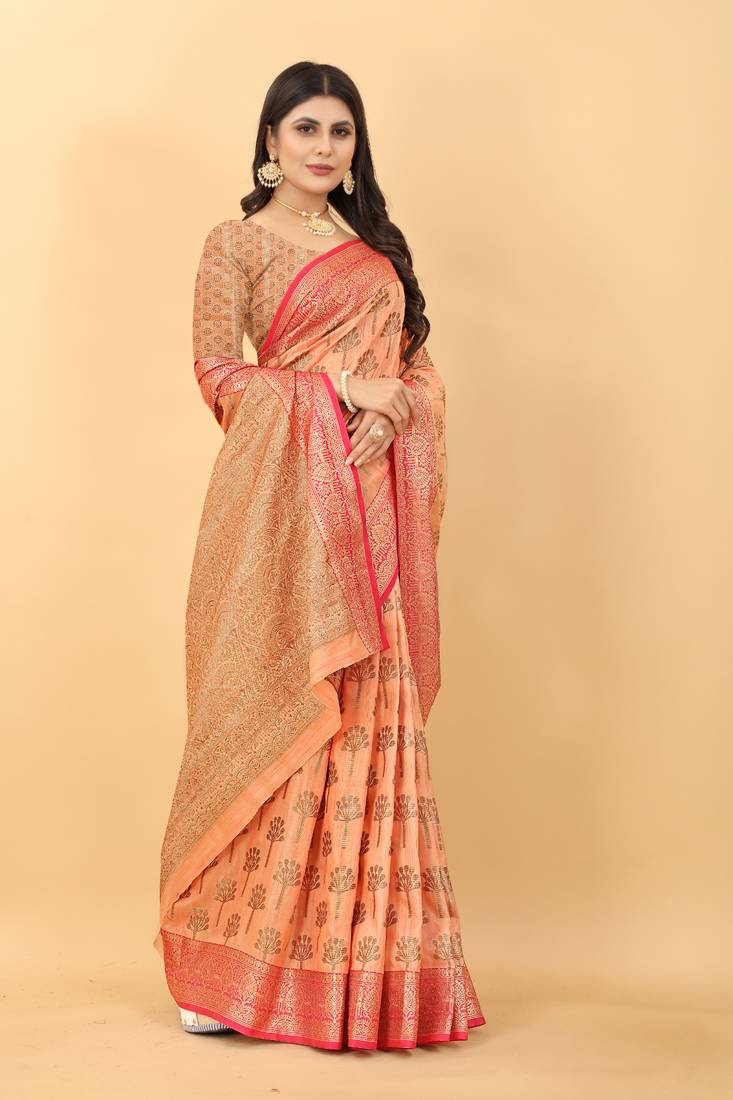Poetry Orange Tissue Silk Zari woven Saree With Two Blouse