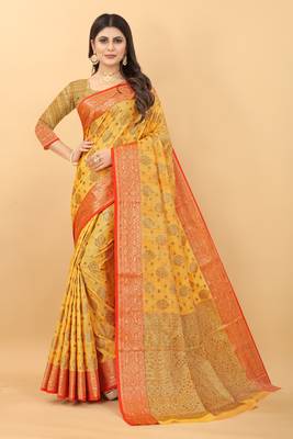 Haldi Yellow  Tessar Silk Saree With Handloom Weaving Work 1