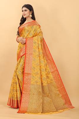 Haldi Yellow  Tessar Silk Saree With Handloom Weaving Work 2